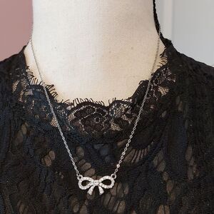18K White Gold Plated Crystal Bow Ribbon Station Necklace Stamped
